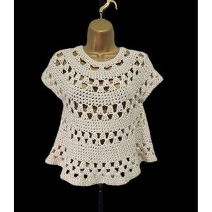 Hand Knit Cottage Fairy Grandma Cream Gold Open Knit Cap Sleeve Sweater Womens M